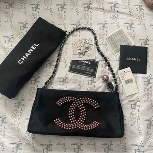 Authentic chanel satin clutch shoulder bag with pink pearl logo🩷🩷very cute